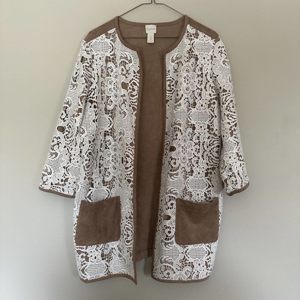 Chico’s Beige White Blazer Size 2 (L/12 US) Embroidered